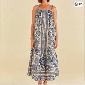 FARM Rio Floral Print Midi Dress in Blue and White